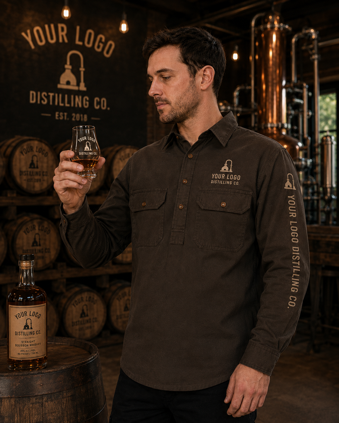 A man in a dark brown long-sleeve button-up shirt with custom 'Your Logo Distilling Co.' branding on the chest and sleeve, holding a glass of whiskey in a distilling workshop.