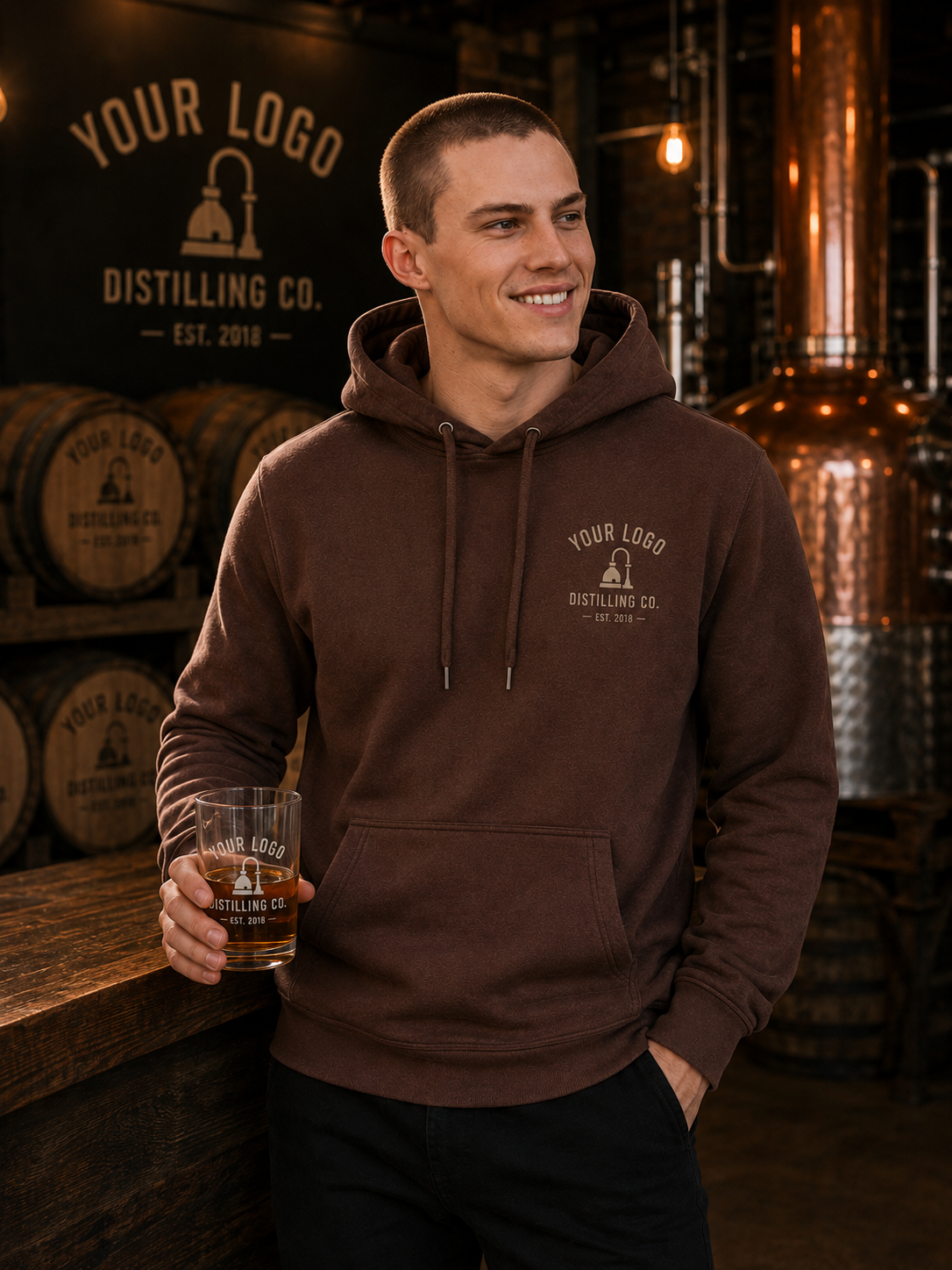 A man in a brown pullover hoodie with a custom printed logo stands in a distilling brewery holding a glass of beer. The background features copper distillation equipment and wooden barrels.