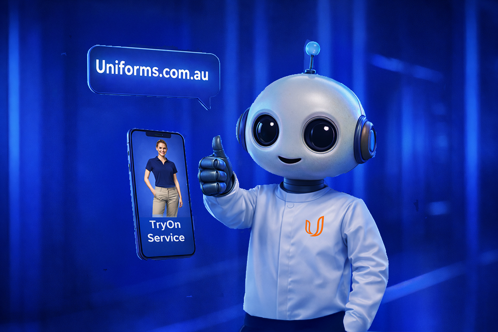 Robot holding a phone with 'Uniforms.com.au' and 'TryOn Service' displayed, against a blue background.