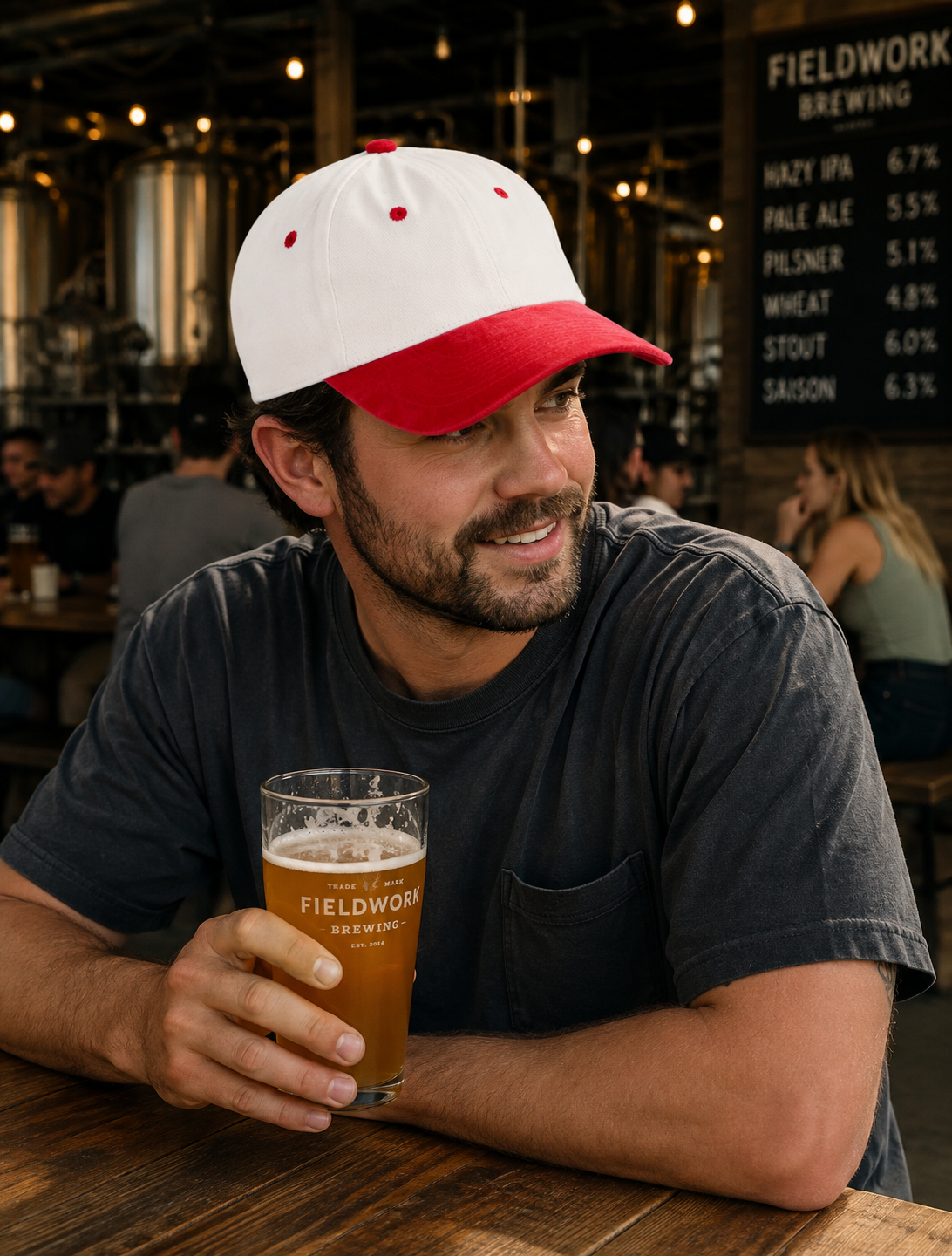 A man in a bar or brewery setting wearing a white and red baseball cap and a dark gray t-shirt, holding a glass of beer. A FIELDWORK BREWING logo is visible on the cap, shirt, and glass.