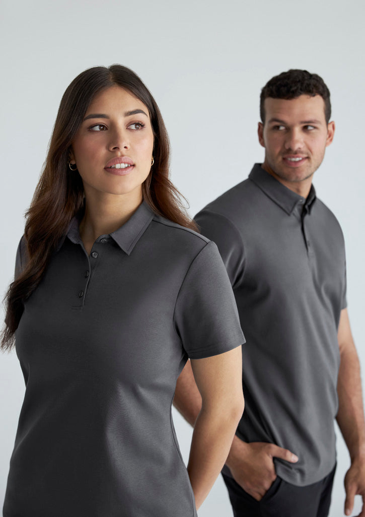 Dark gray short-sleeved cotton polo shirt with classic collar perfect for mens workwear and uniforms