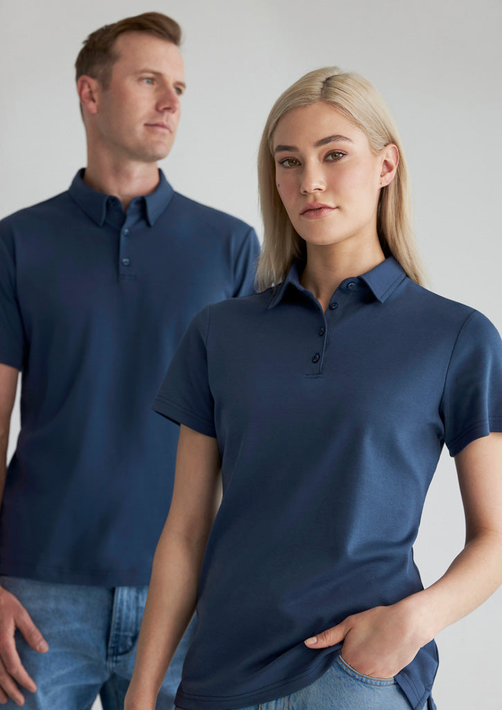 Mens cotton lotus polo in navy blue with short sleeves and classic collar perfect for workwear uniforms