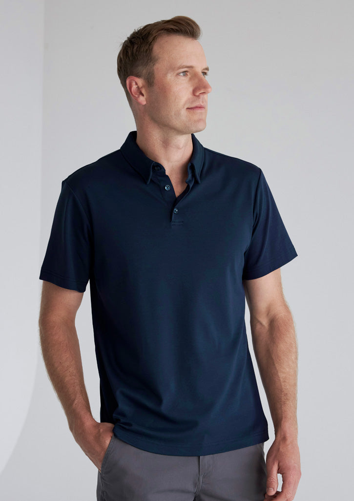 Navy blue mens cotton lotus polo shirt with classic collar and button placket perfect for workwear uniforms