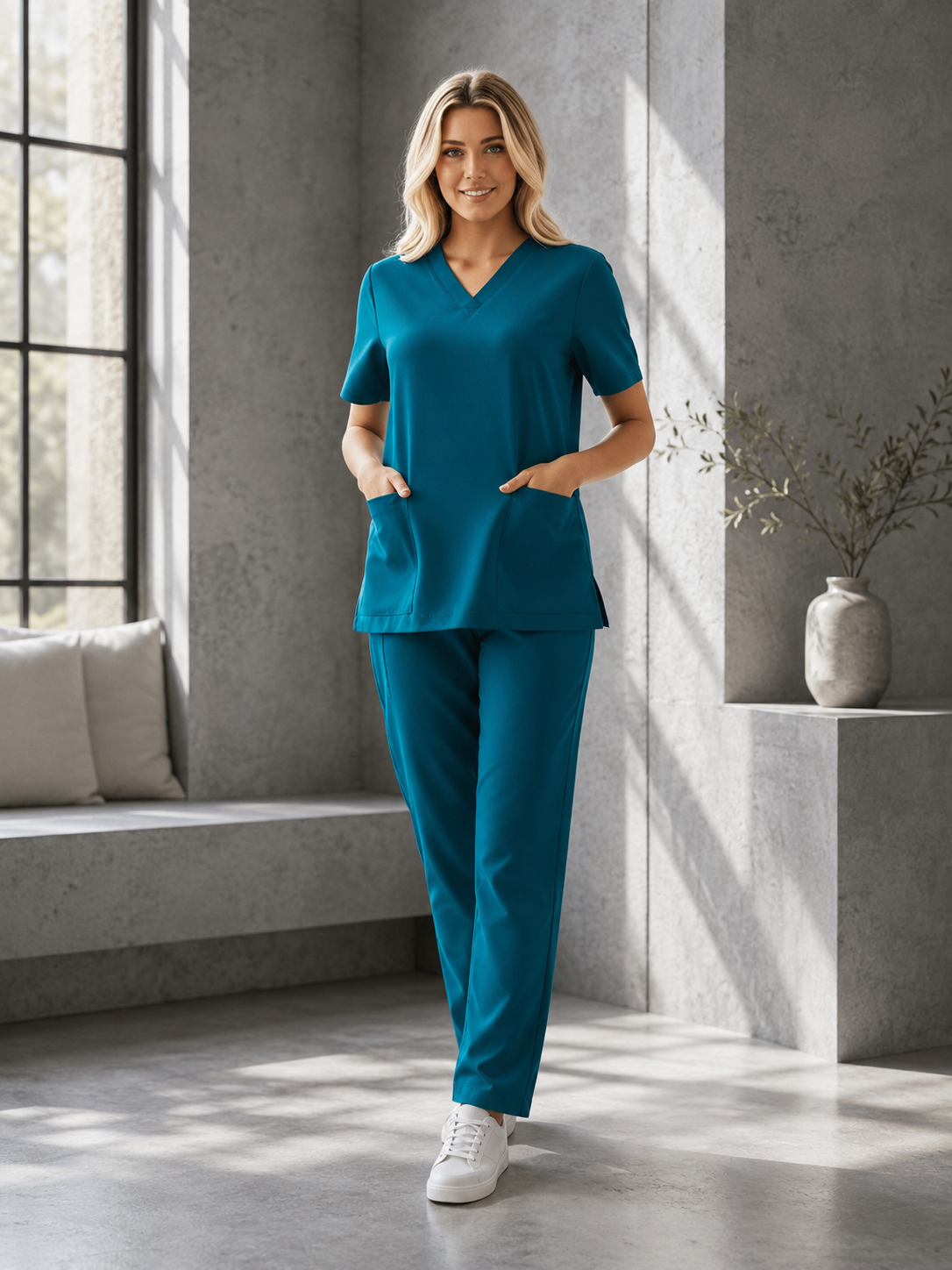 A woman modeling a teal blue scrub set with a V-neck short-sleeve top and matching pants, standing in a modern gray concrete room with sunlight streaming in.