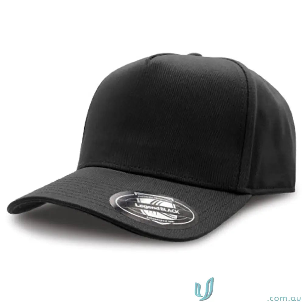 Black A-Frame Cap with curved text design and areas centered layout for style