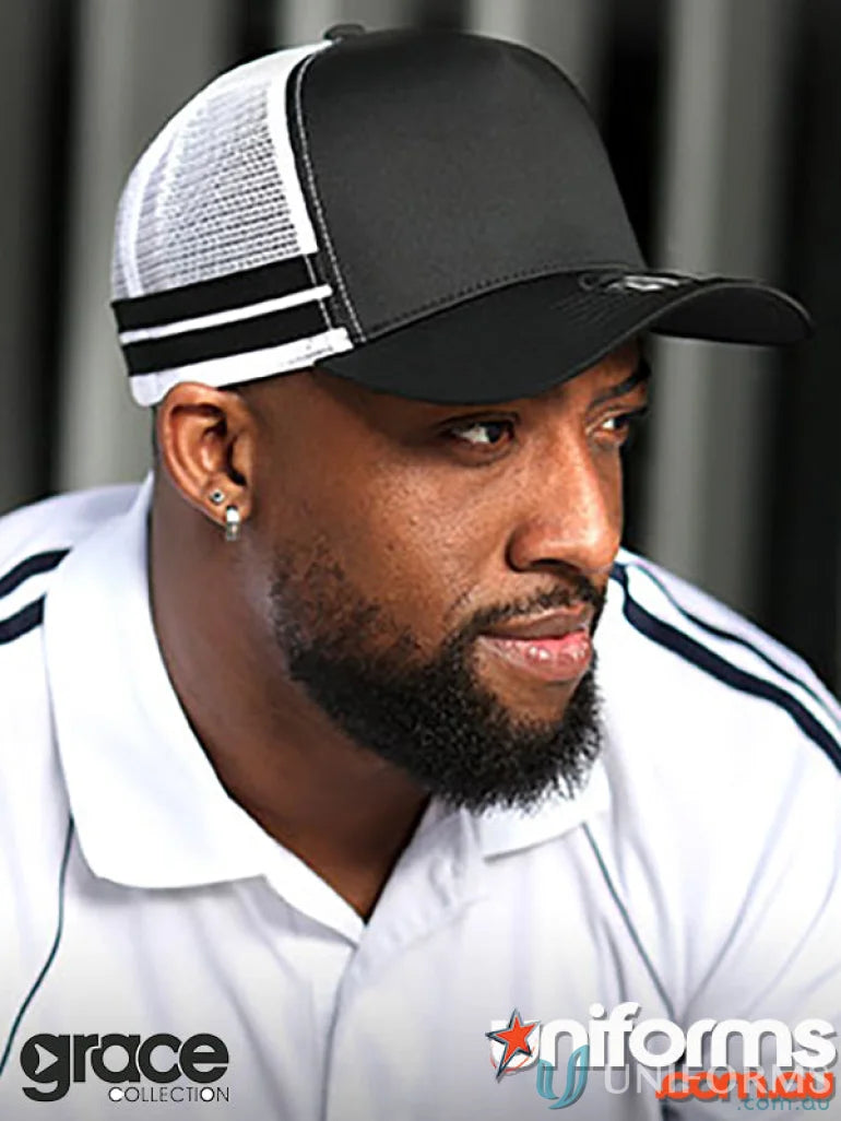 Black and white trucker hat from A-Frame Striped Trucker Cap, great for workwear