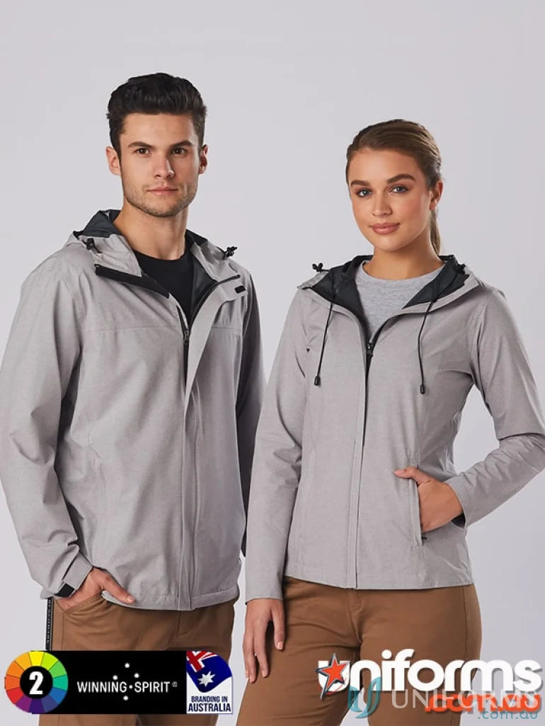 Two models in light gray jk55 Absolute Waterproof jackets with waterproof rating 5000mm