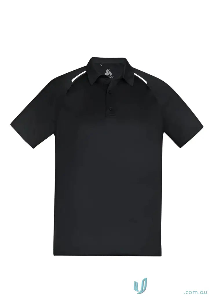 Black cyber polo shirt with white shoulder stripes from Biz Cool Academy Polo collection