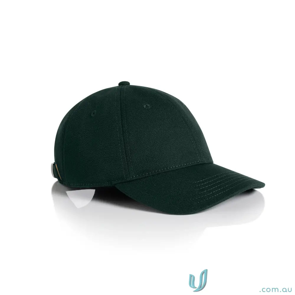 Dark green canvas cap with curved peak and metal buckle, part of Access Canvas Cap series