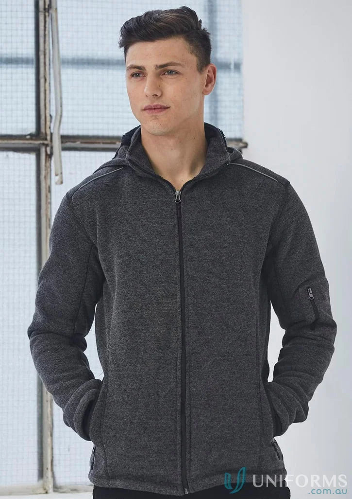 Gray hooded zip-up jacket from JK41 ACLAND JACKET collection with cozy coral fleece