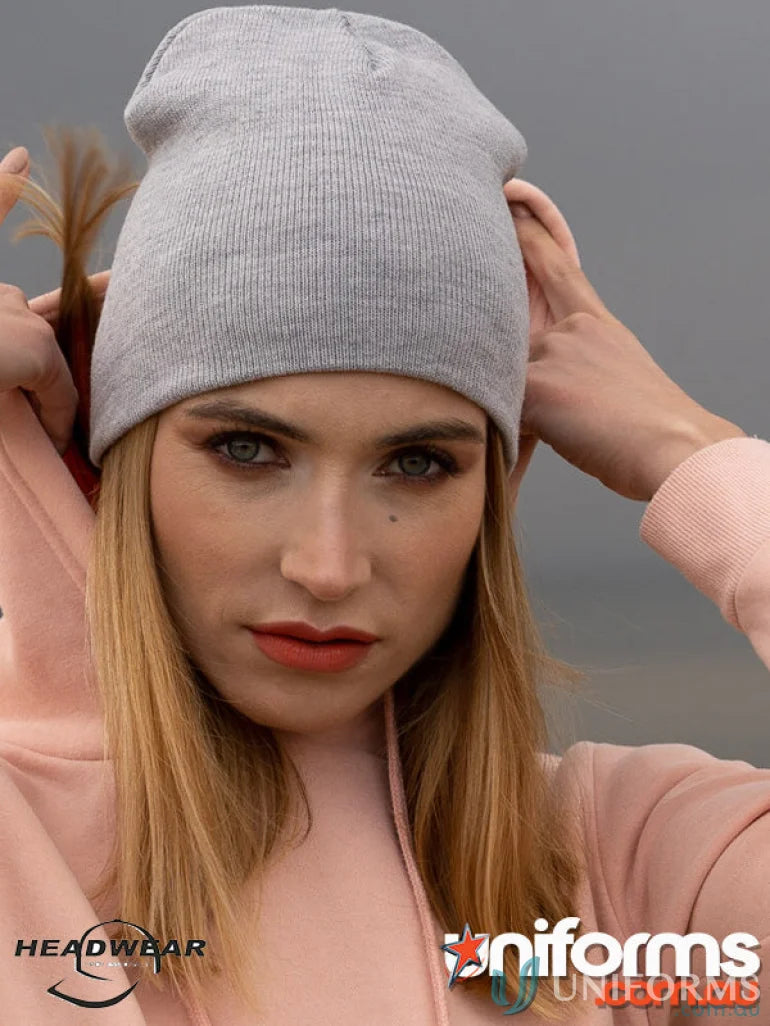 Gray knit acrylic beanie perfect for uniforms, stylish and comfy in grey marle color