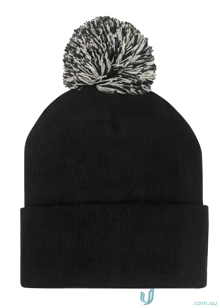 Black knit acrylic beanie with fluffy pom pom for cozy style