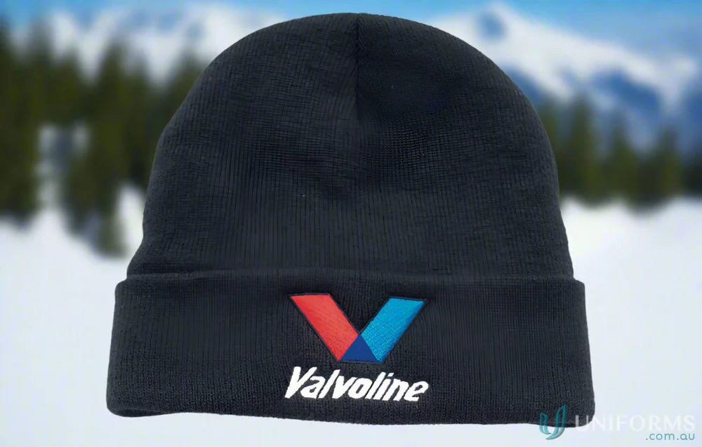 Black Valvoline acrylic beanie with Thinsulate lining perfect for uniforms