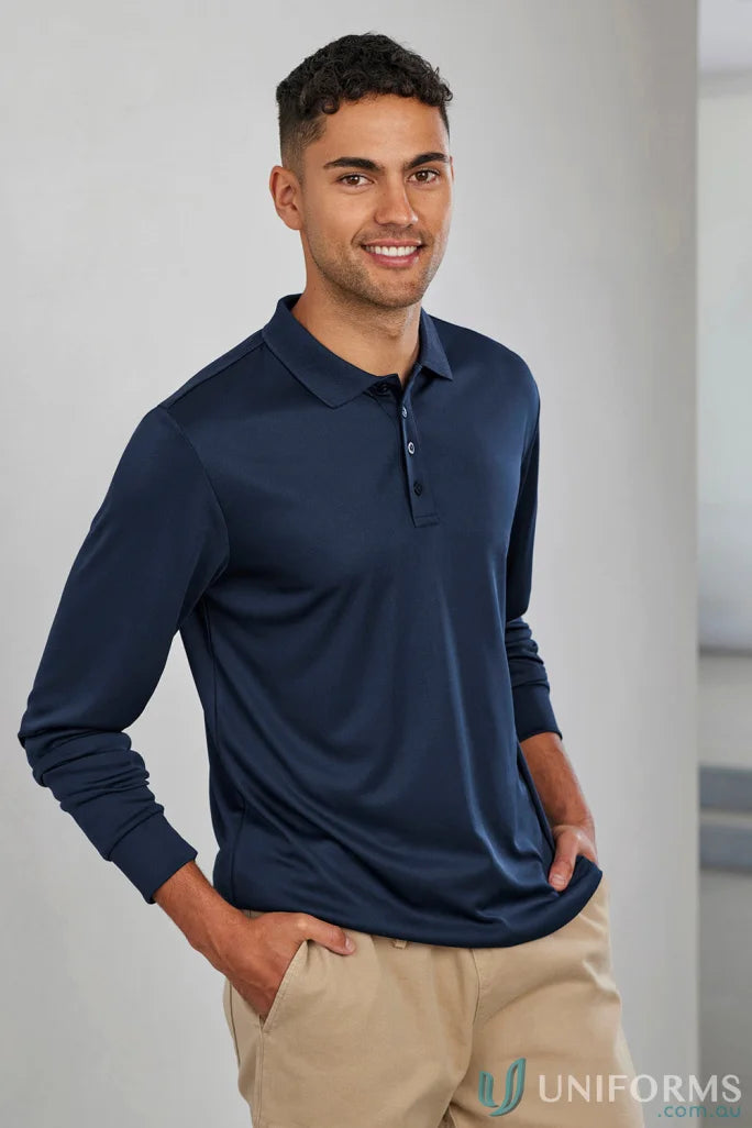 Man in navy action long sleeve polo p206ml from Biz Collection showing style
