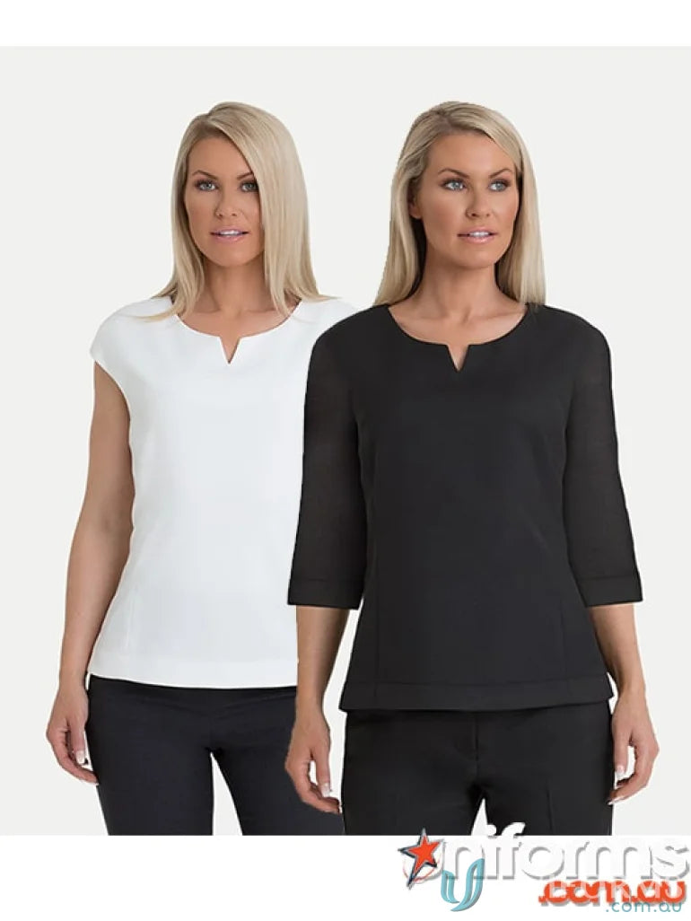 Two women’s Adelaide 3Qtr Shell Tops in white and black shown side by side