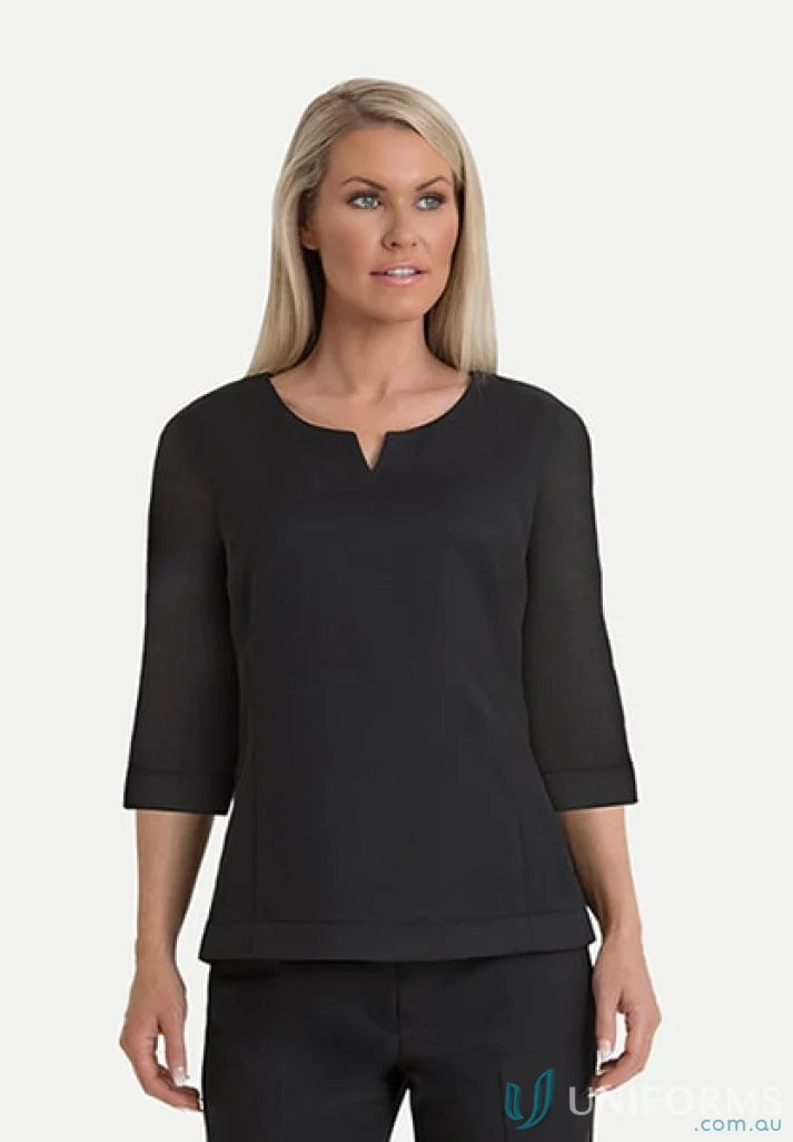 Woman wearing Adelaide 3Qtr Shell Top in black, stylish 3Qtr shell top for women