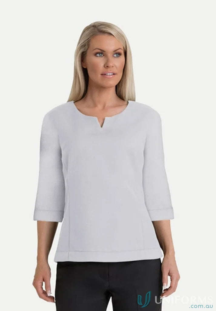 Woman wearing a gray Adelaide 3Qtr Shell Top, stylish 3qtr shell tunic for women