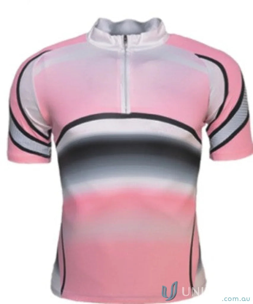 Pink and gray adult cycle jersey with reflective trim, model CT1465 adult cycle jersey