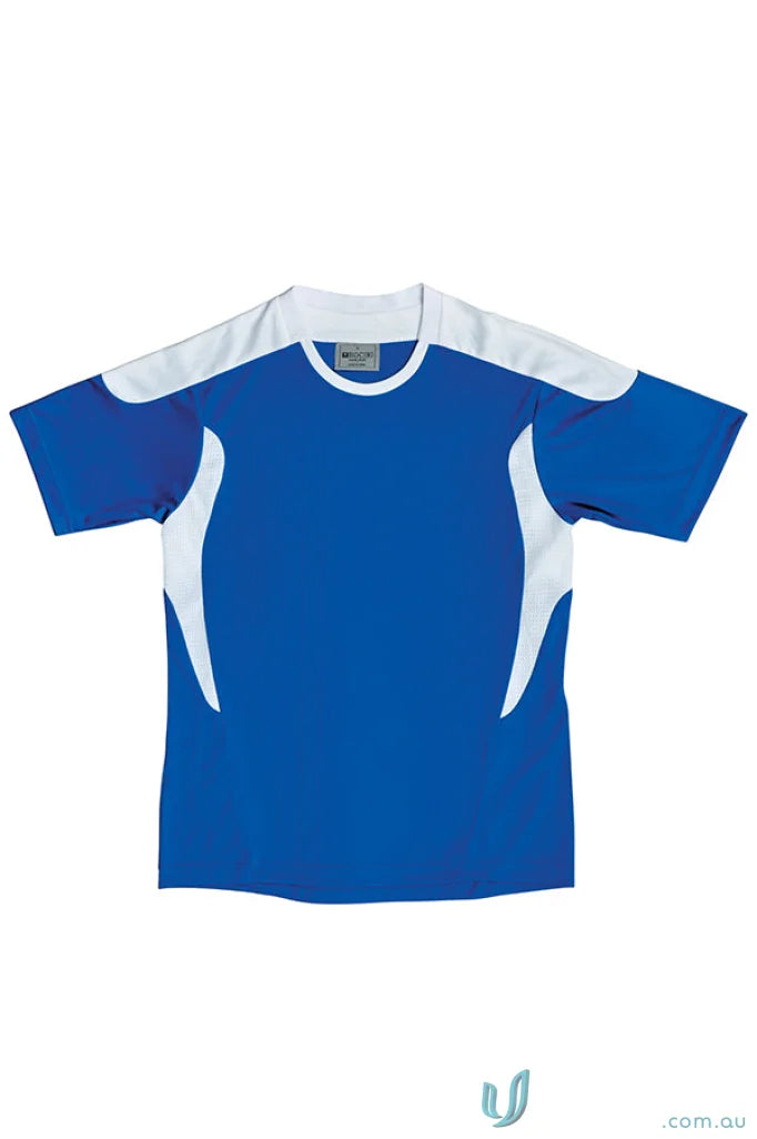 Blue athletic tee shirt with white side panels, perfect for soccer uniforms and workwear
