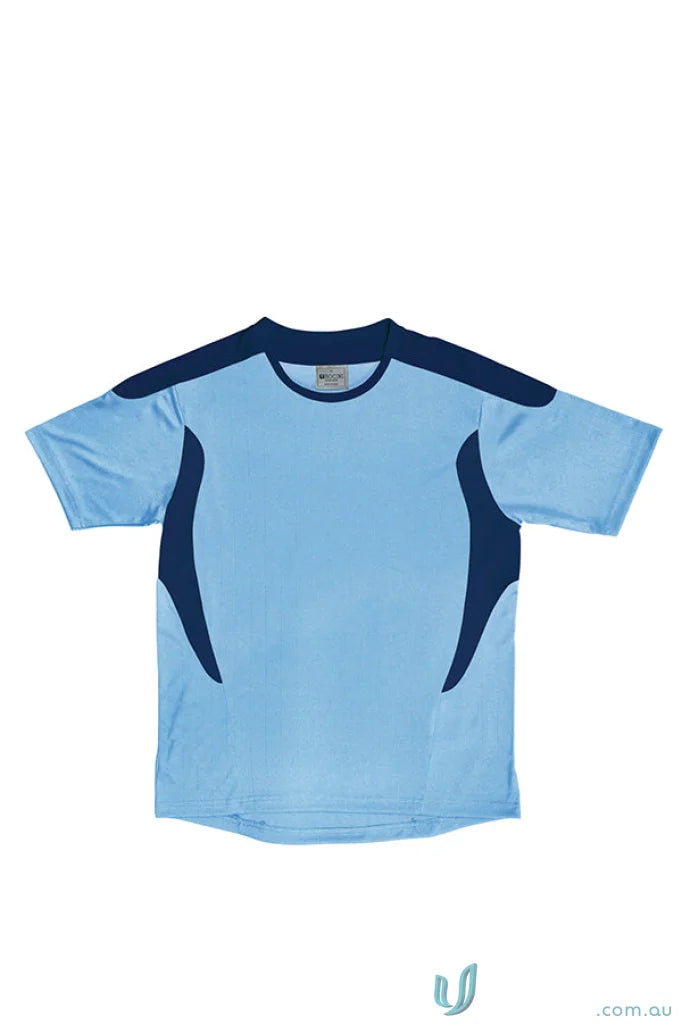 Light blue Adult Soccer Jersey tee shirt with dark blue shoulder and side panels for uniforms