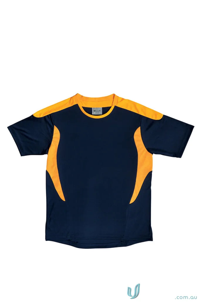 Navy blue athletic tee shirt with orange shoulders, perfect for soccer uniforms or workwear