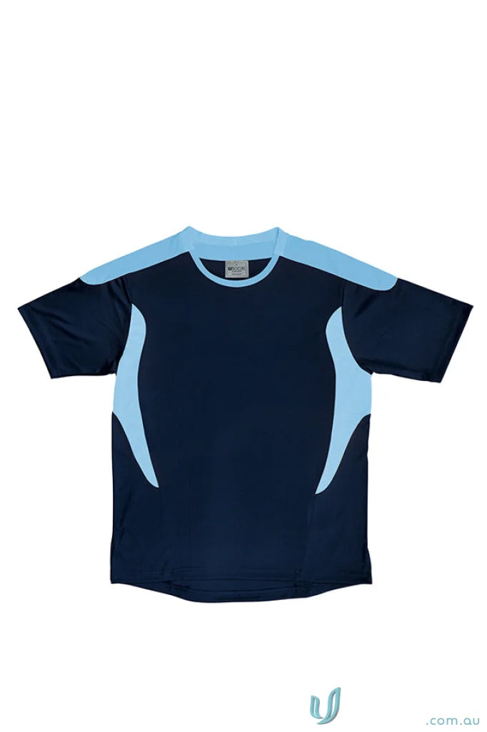 Navy blue Adult Soccer Jersey tee shirt with light blue accents, great for uniforms or workwear