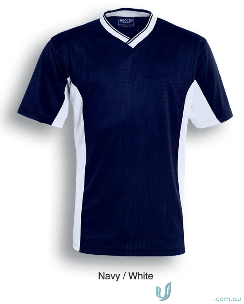 Navy blue and white short-sleeved soccer panel jersey for adults