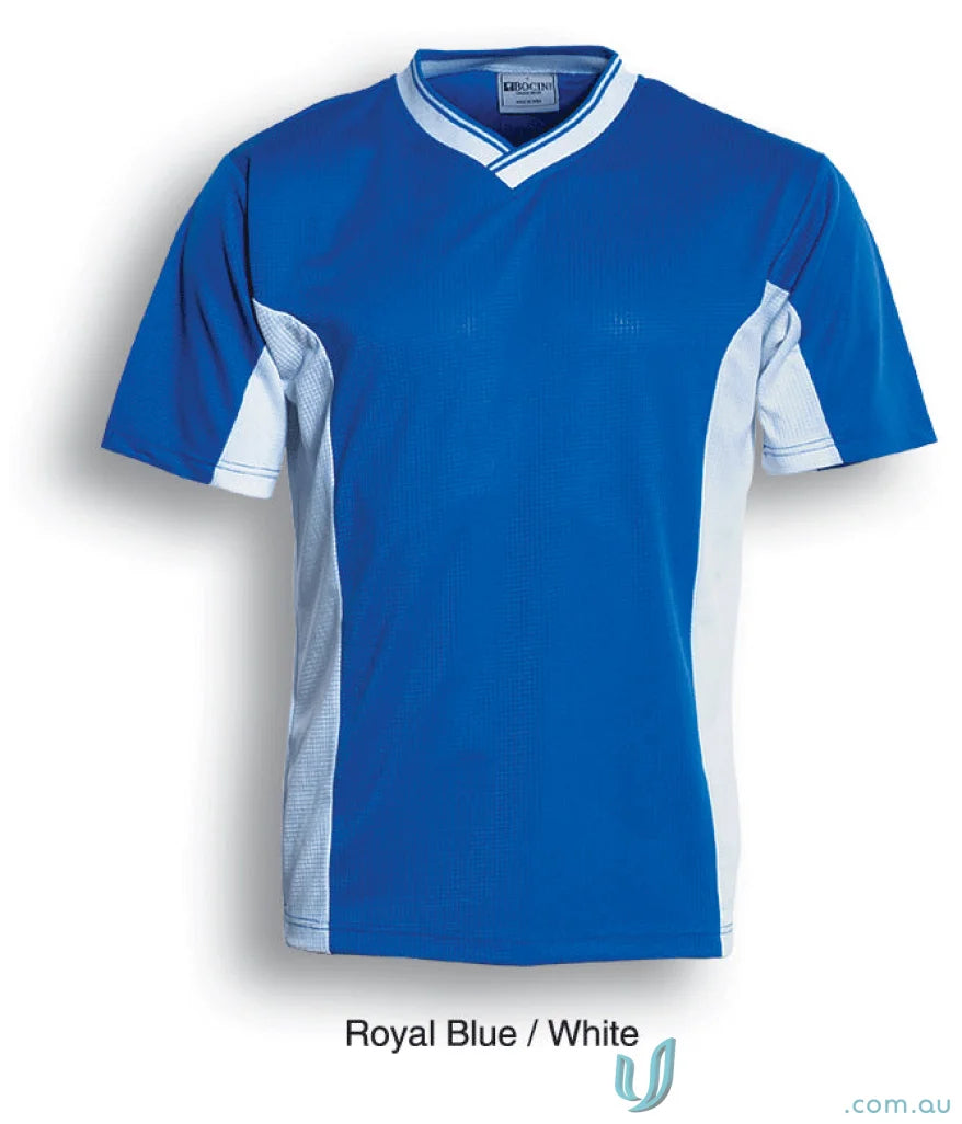 Royal blue and white Adult Soccer Panel Jersey with V-neck collar, perfect soccer panel jersey