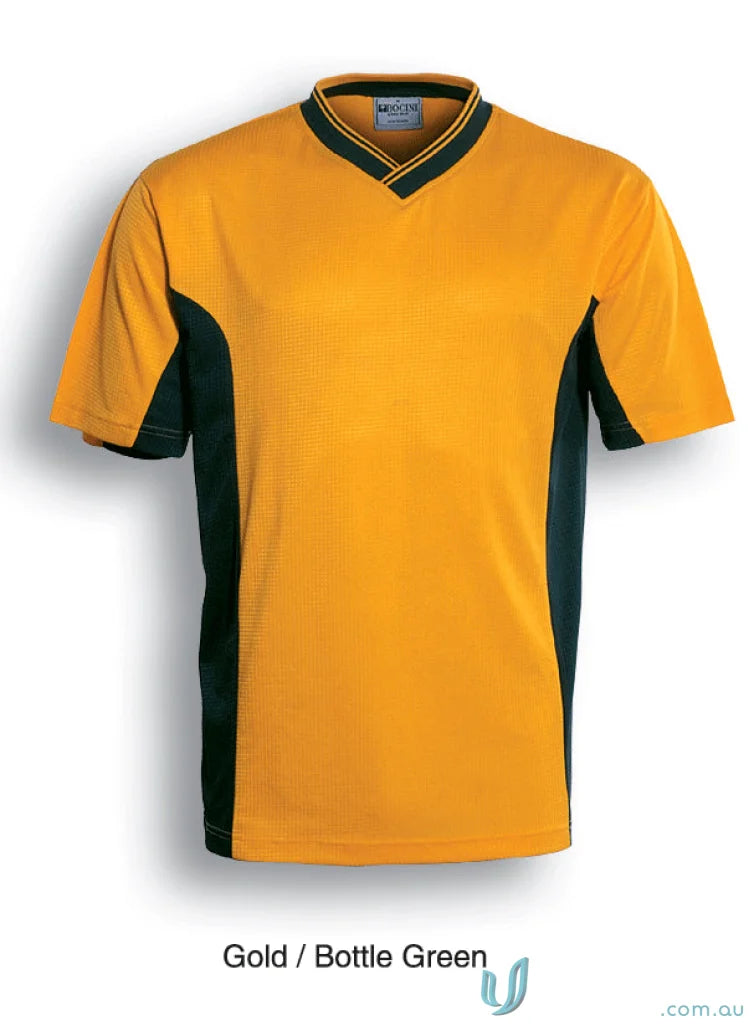 Adult soccer panel jersey with gold and green short sleeves and V-neck collar