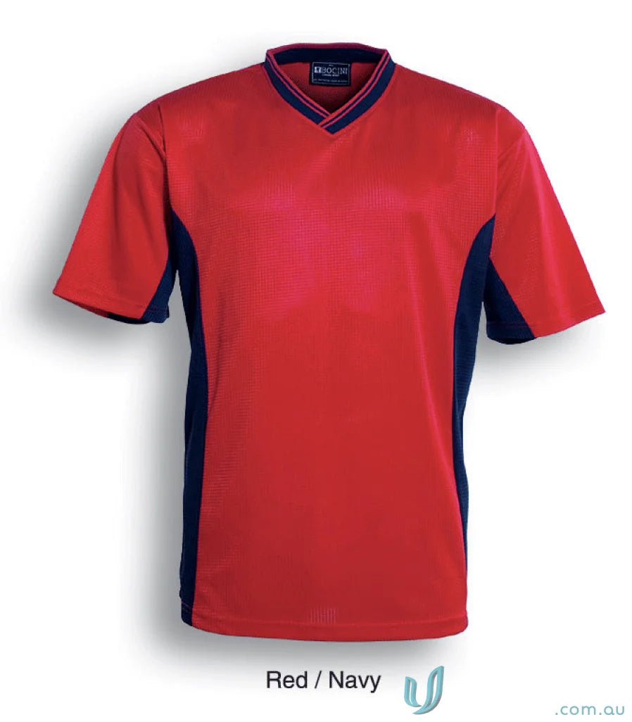 Adult Soccer Panel Jersey featuring a red and navy blue short-sleeved soccer panel design