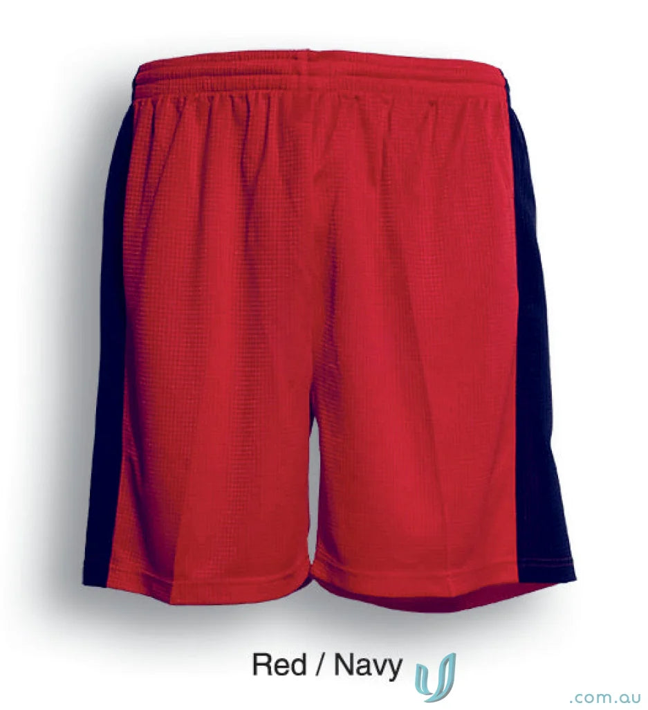 Red and navy soccer panel shorts with elastic waistband for Adult Soccer Panel Shorts