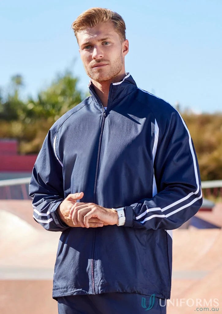 Dark blue Adults Flash Track jacket with white stripes, part of Biz Collection Unisex J3150
