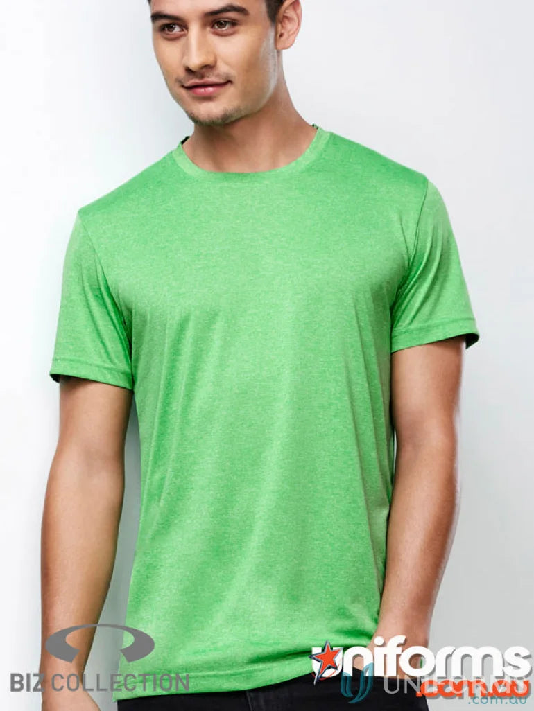Green short-sleeved Aero Tee made with t800ms fabric resists shrinking for comfy wear