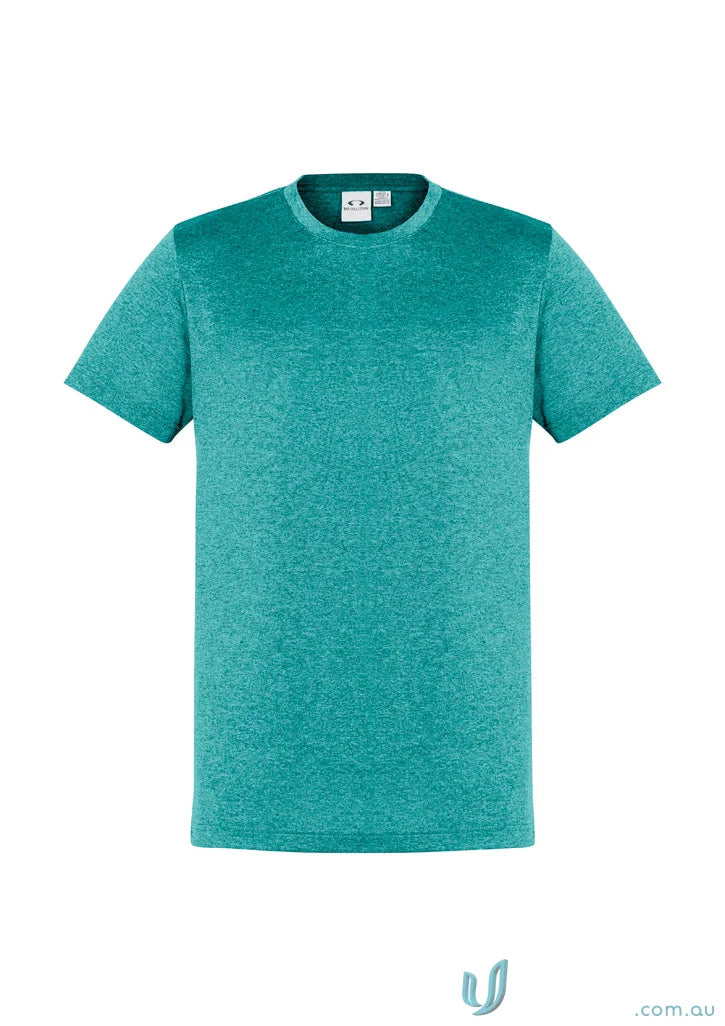 Teal short-sleeved Aero Tee made with t800ms fabric that resists shrinking