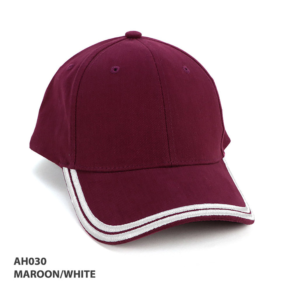AH030 HBC heavy brushed cotton cap with maroon body and white brim trim