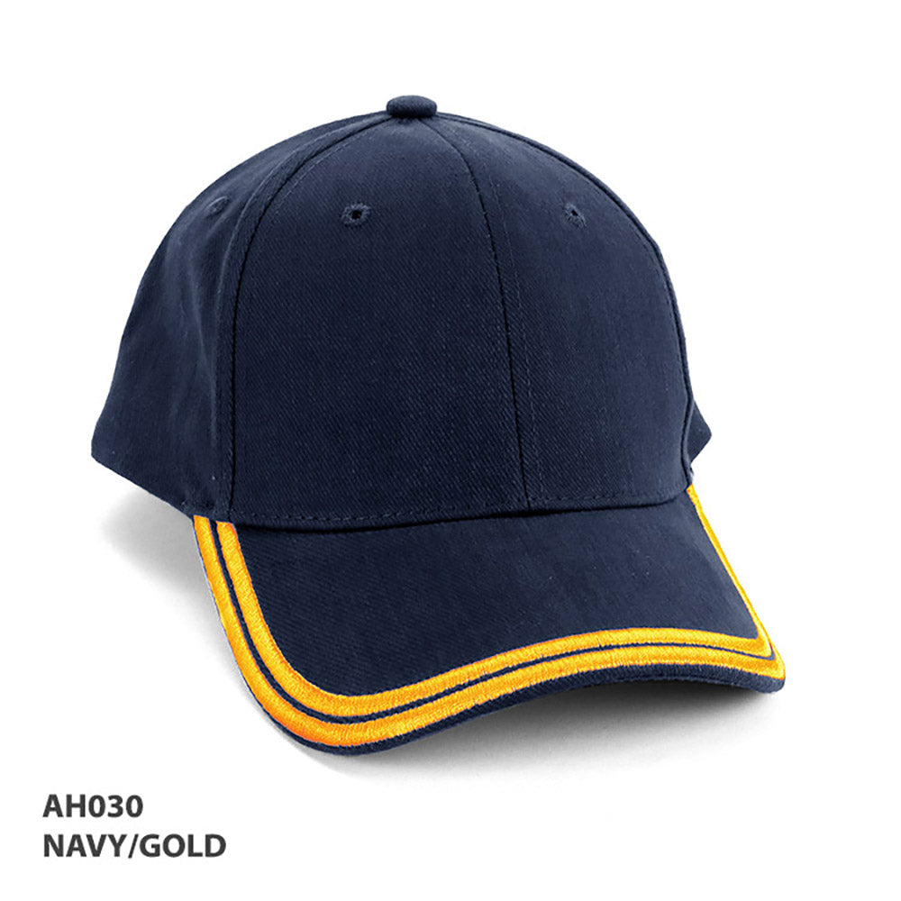 Navy blue AH030 HBC cap with gold brim trim in heavy brushed cotton