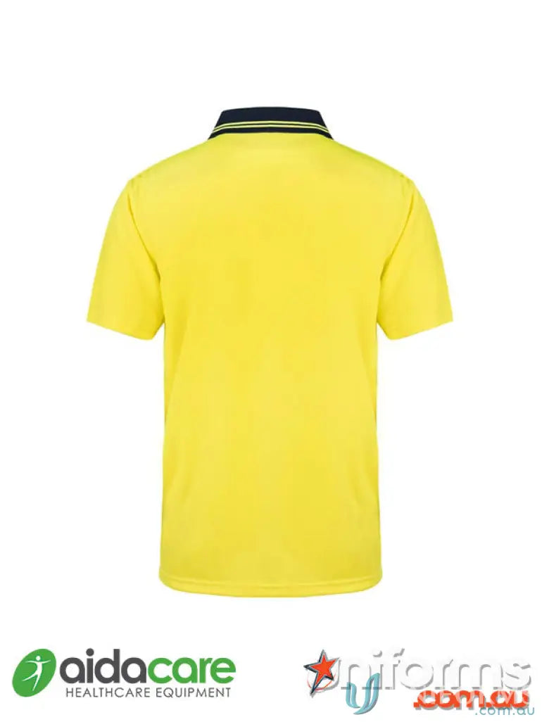 Vis Yellow polo shirt with dark collar from Aidacare (EMBx1) HiVis Cotton Back Polo for work uniforms
