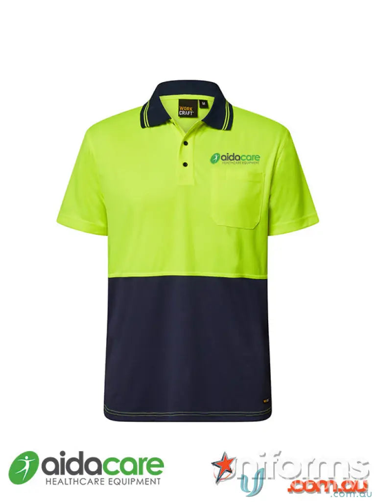 Two-tone hi-vis yellow work polo shirt from Aidacare (EMBx1) HiVis Poly Polo for uniforms