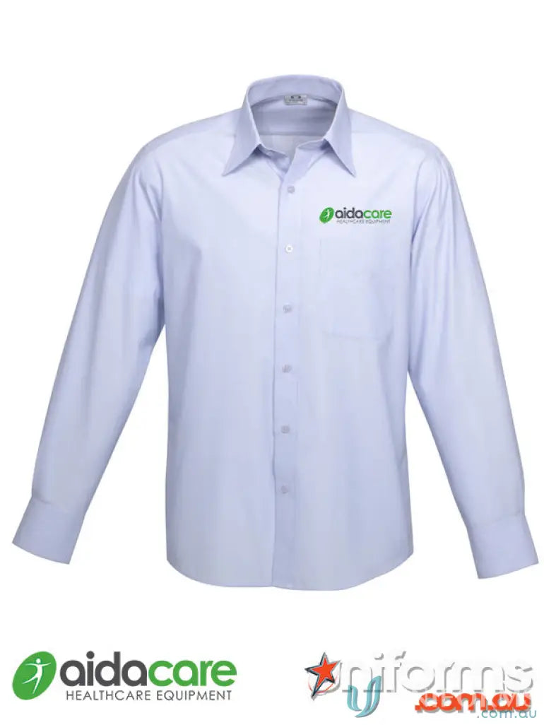 Light blue long-sleeved workwear shirt from Aidacare EMBx1 for work uniforms