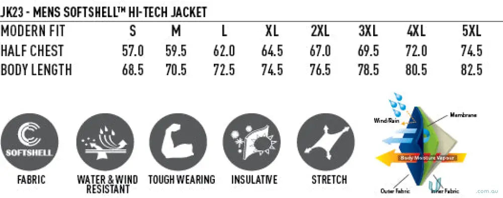 Aidacare EMBx1 unisex softshell jacket sizing chart and features for hi-tech uniforms