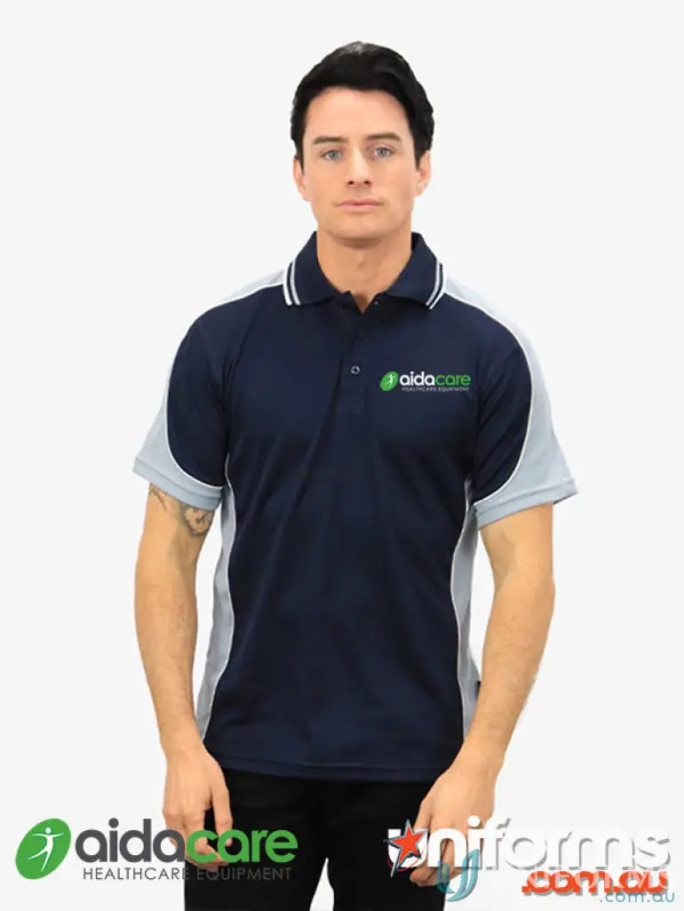 Navy and gray polo shirt for uniforms and workwear from Aidacare EMBx2 Polo