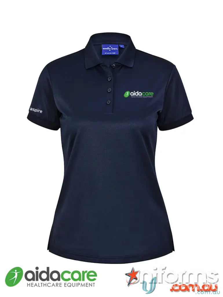 Dark blue recycled PET ladies polo shirt from Aidacare EMBx2 workwear collection