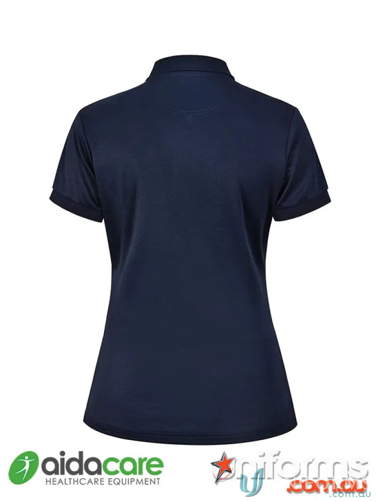 Women’s navy blue short-sleeve polo shirt from Aidacare EMBx2 sustainable workwear collection