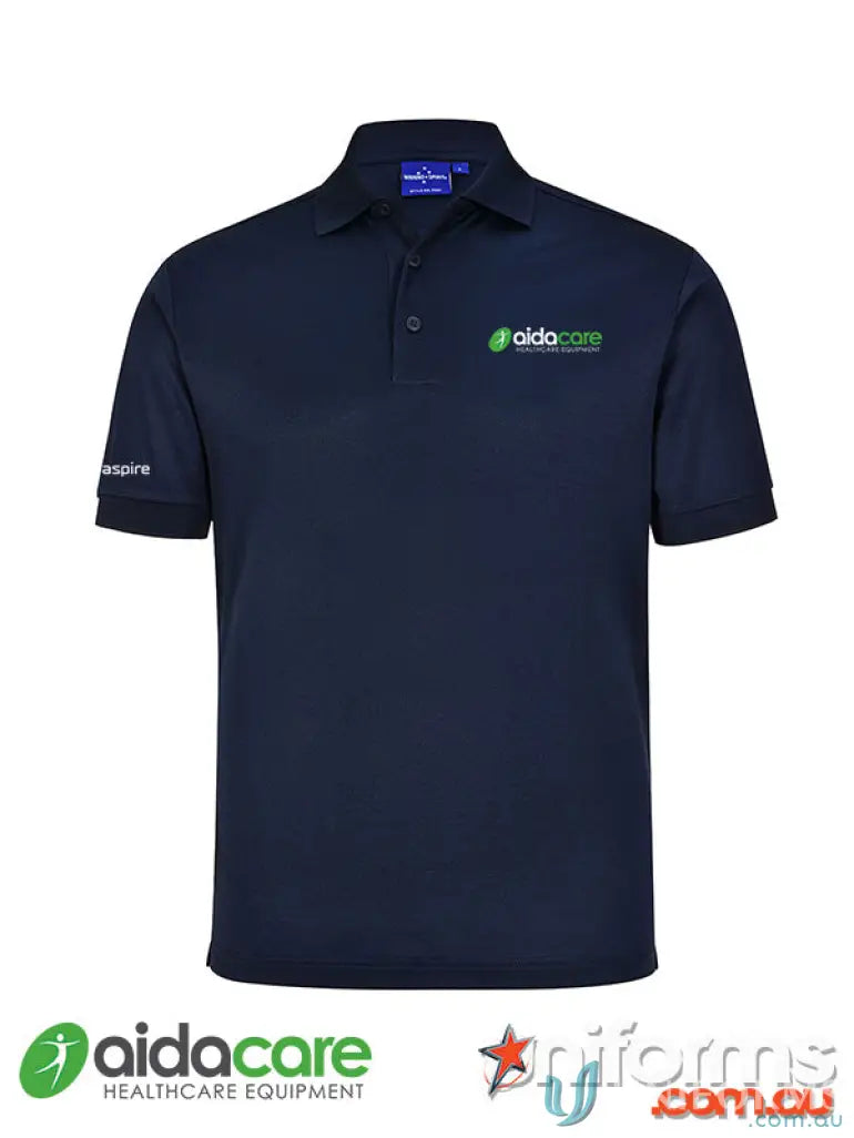 Aidacare EMBx2 navy blue polo shirt with green logo and white sleeve text, made from recycled pet for work uniforms