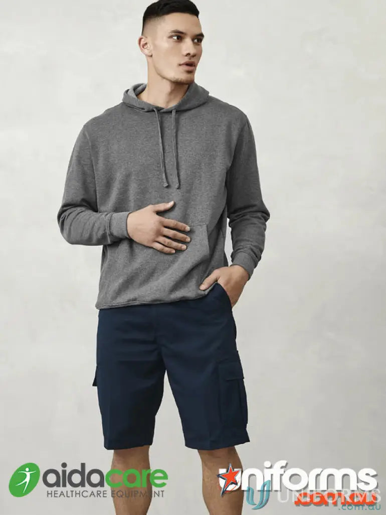Man wearing comfortable navy Aidacare Mens Cargo Shorts with pockets in casual uniforms