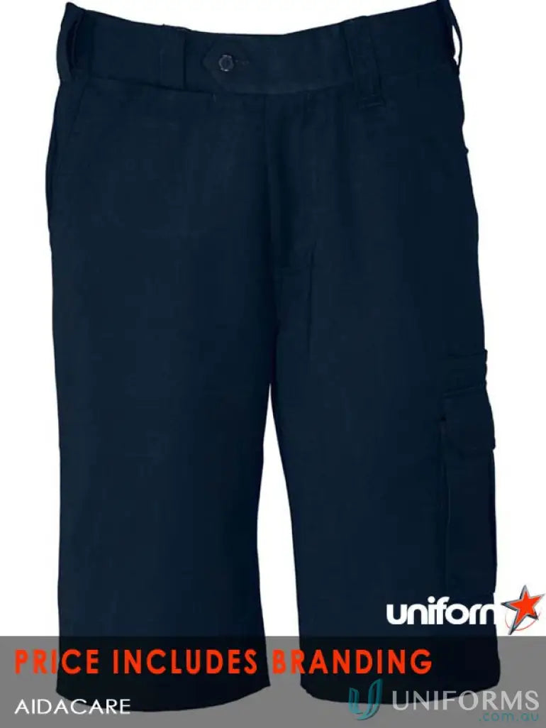 Navy blue cargo shorts with pockets, perfect for comfortable uniforms like Aidacare Mens Cargo Shorts