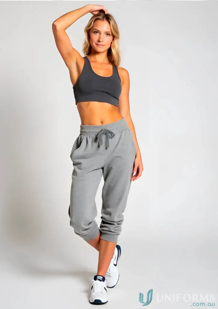 Gray airlayed CVC sweat pants with elastic waistband cuffed ankles perfect for comfortable workwear or uniforms