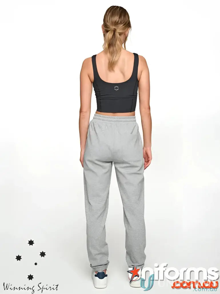 Woman in black crop top and gray Airlayed CVC sweat pants, perfect casual wear