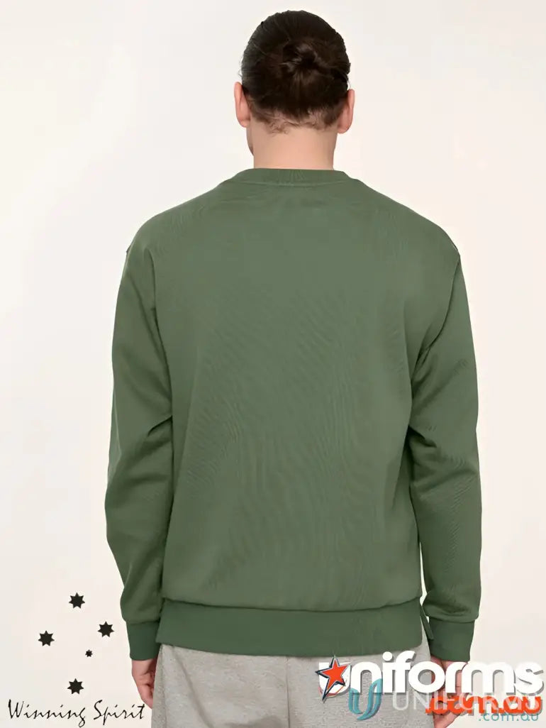 Olive green crewneck airlayed cvc sweater with ribbed cuffs and hem perfect for workwear uniforms and work uniforms