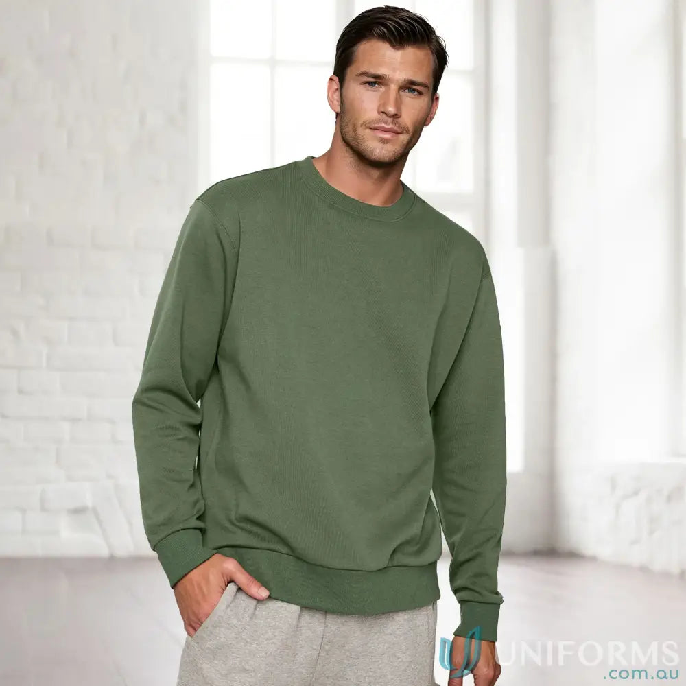 Olive green crewneck airlayed cvc sweater made for comfortable workwear and durable uniforms use